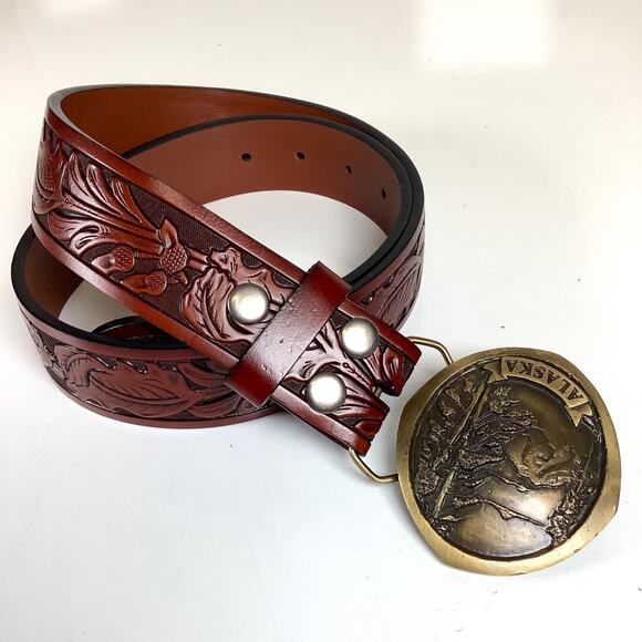 1979 Indiana Metal Craft Belt Buckle Alaska w/Tooled Leather Belt EXC! - Picture 1 of 9